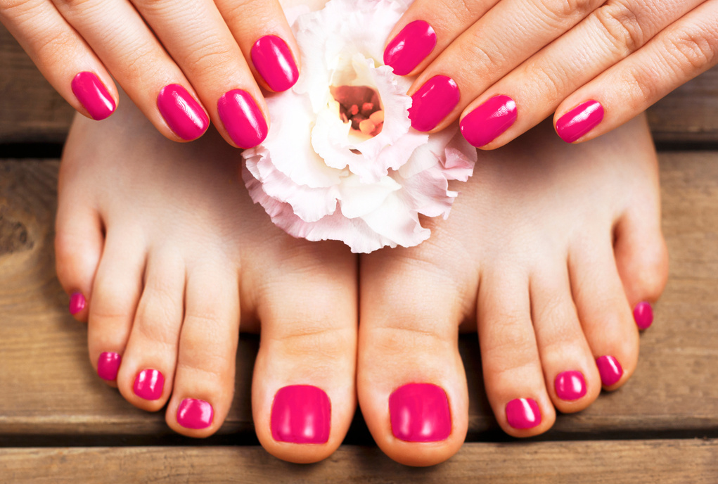 Pink Manicure and Pedicure with Flower